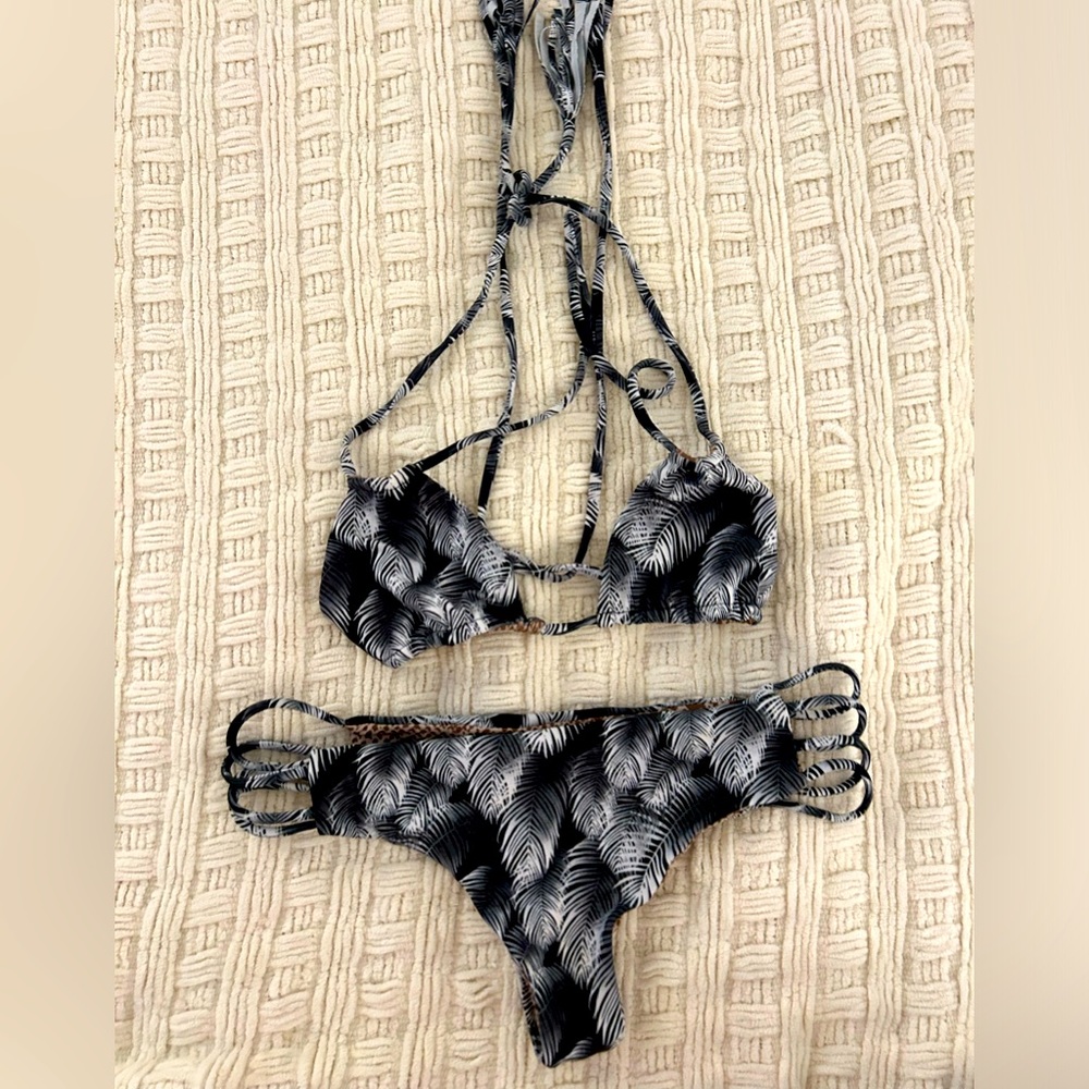 Acacia swimwear bikini top and bottom in night palm pattern.